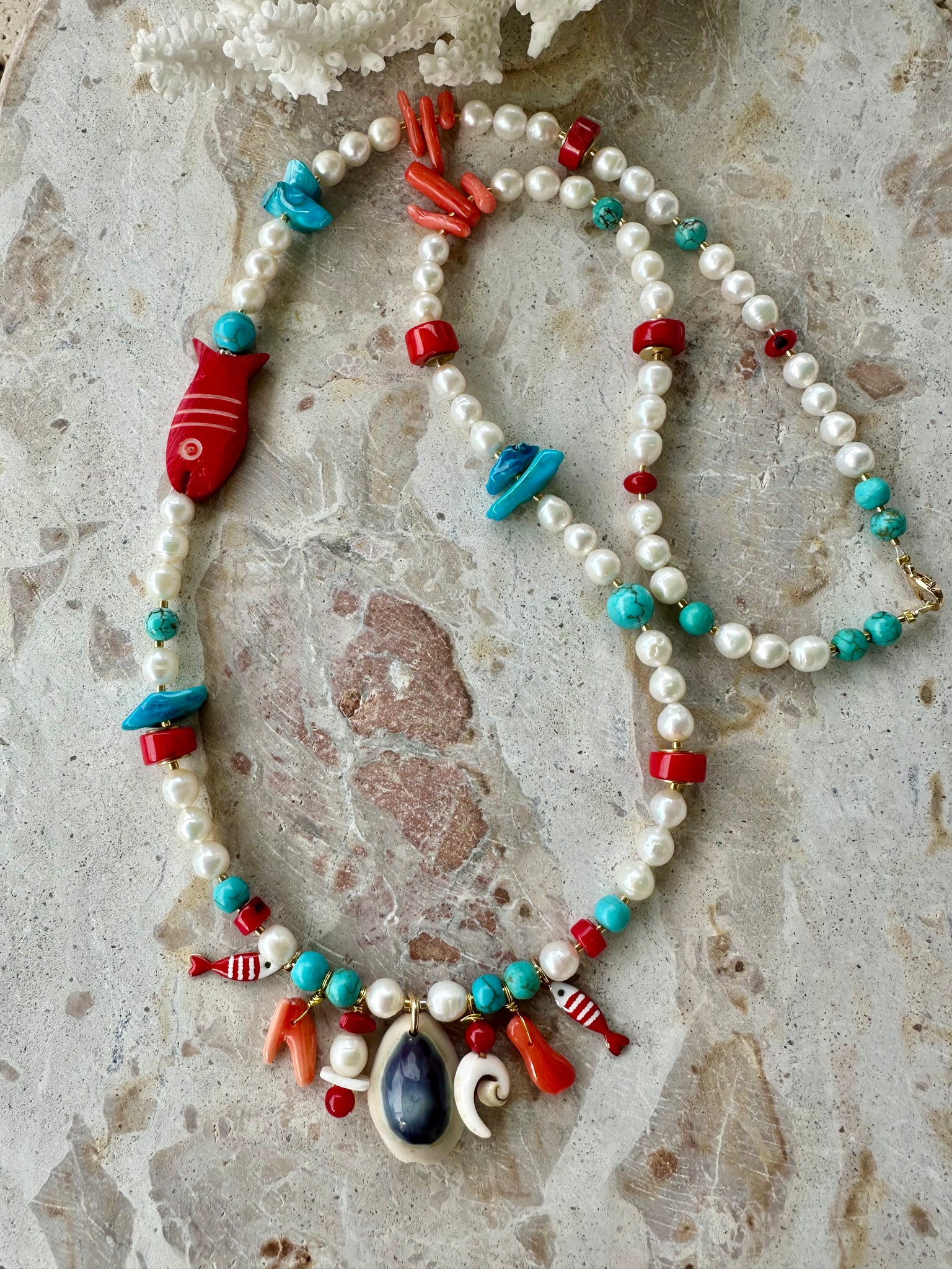 Greek Red Coral Pearl Beaded Necklace