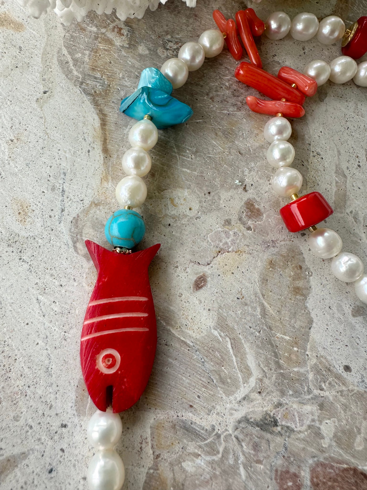 Greek Red Coral Pearl Beaded Necklace