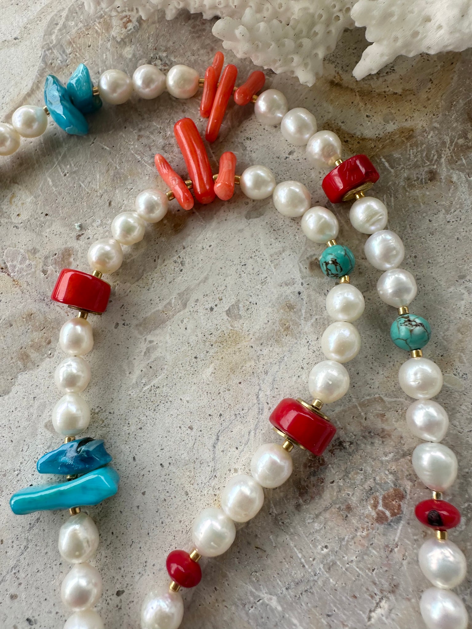 Greek Red Coral Pearl Beaded Necklace