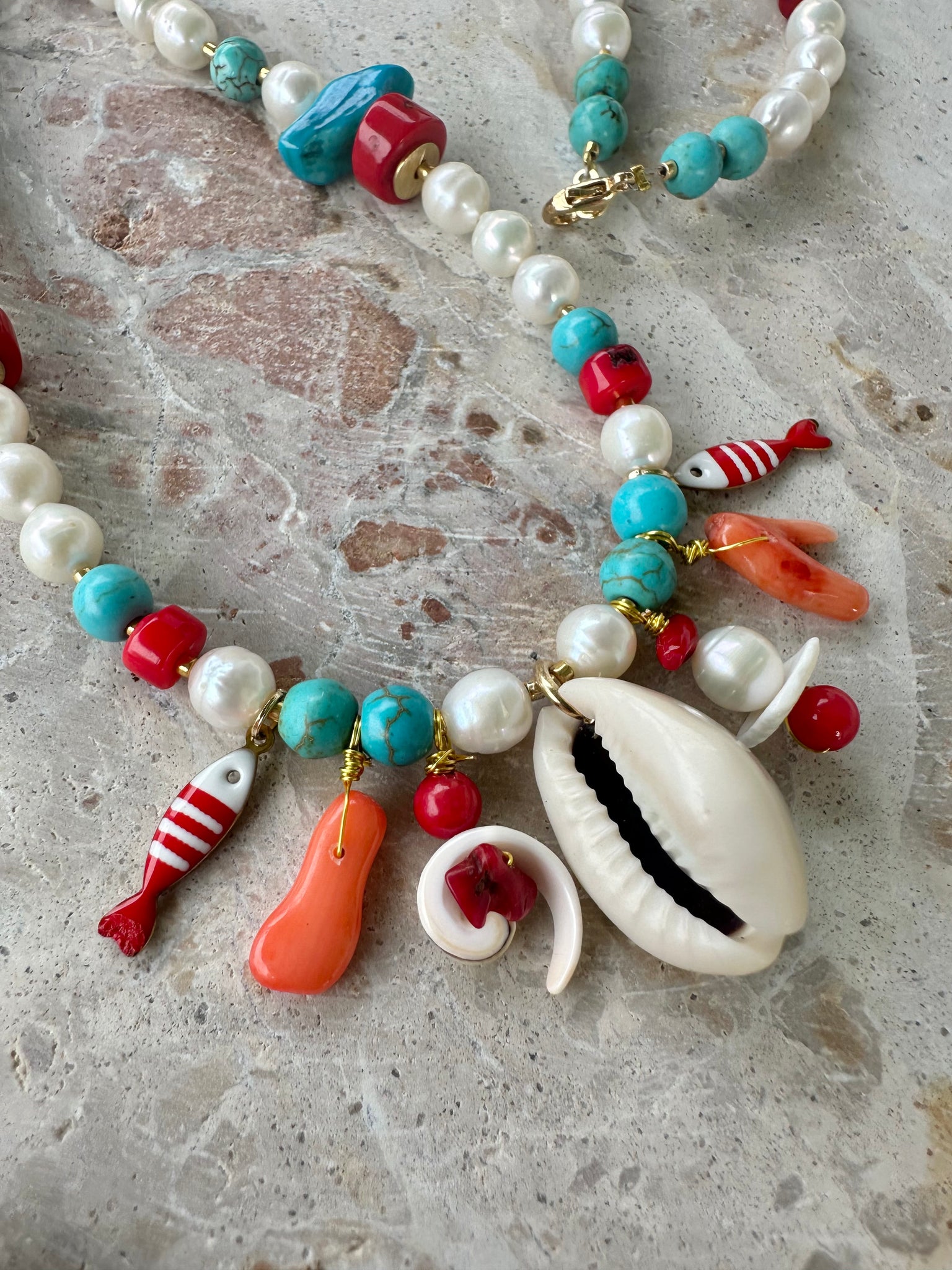 Greek Red Coral Pearl Beaded Necklace