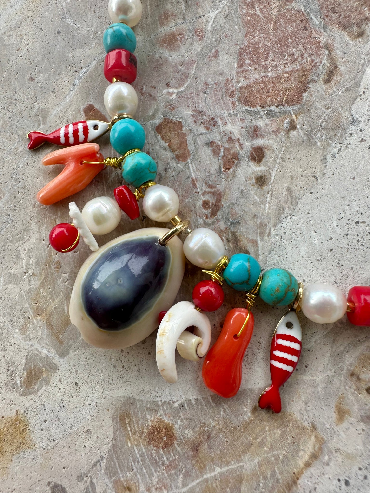 Greek Red Coral Pearl Beaded Necklace