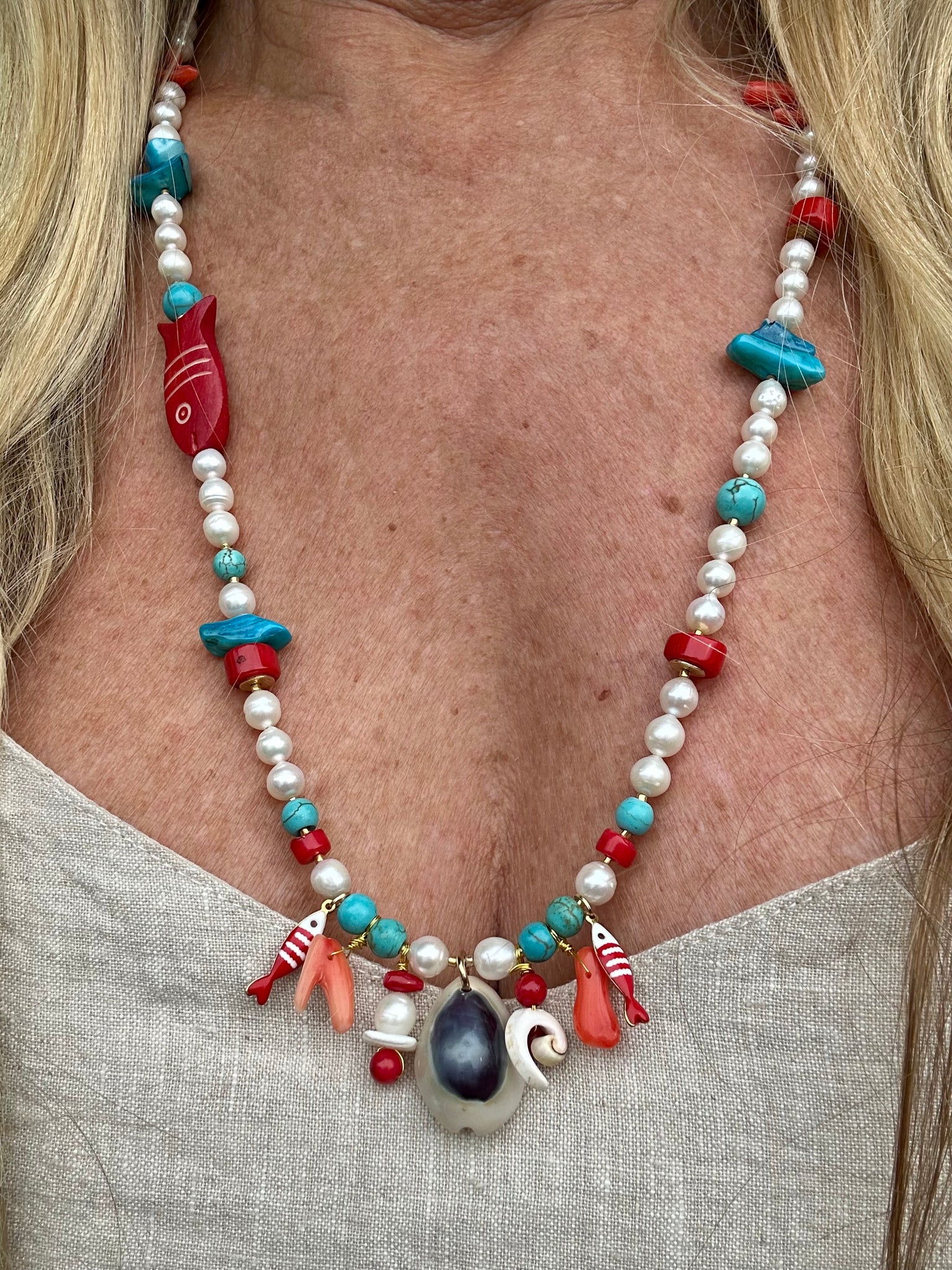 Greek Red Coral Pearl Beaded Necklace