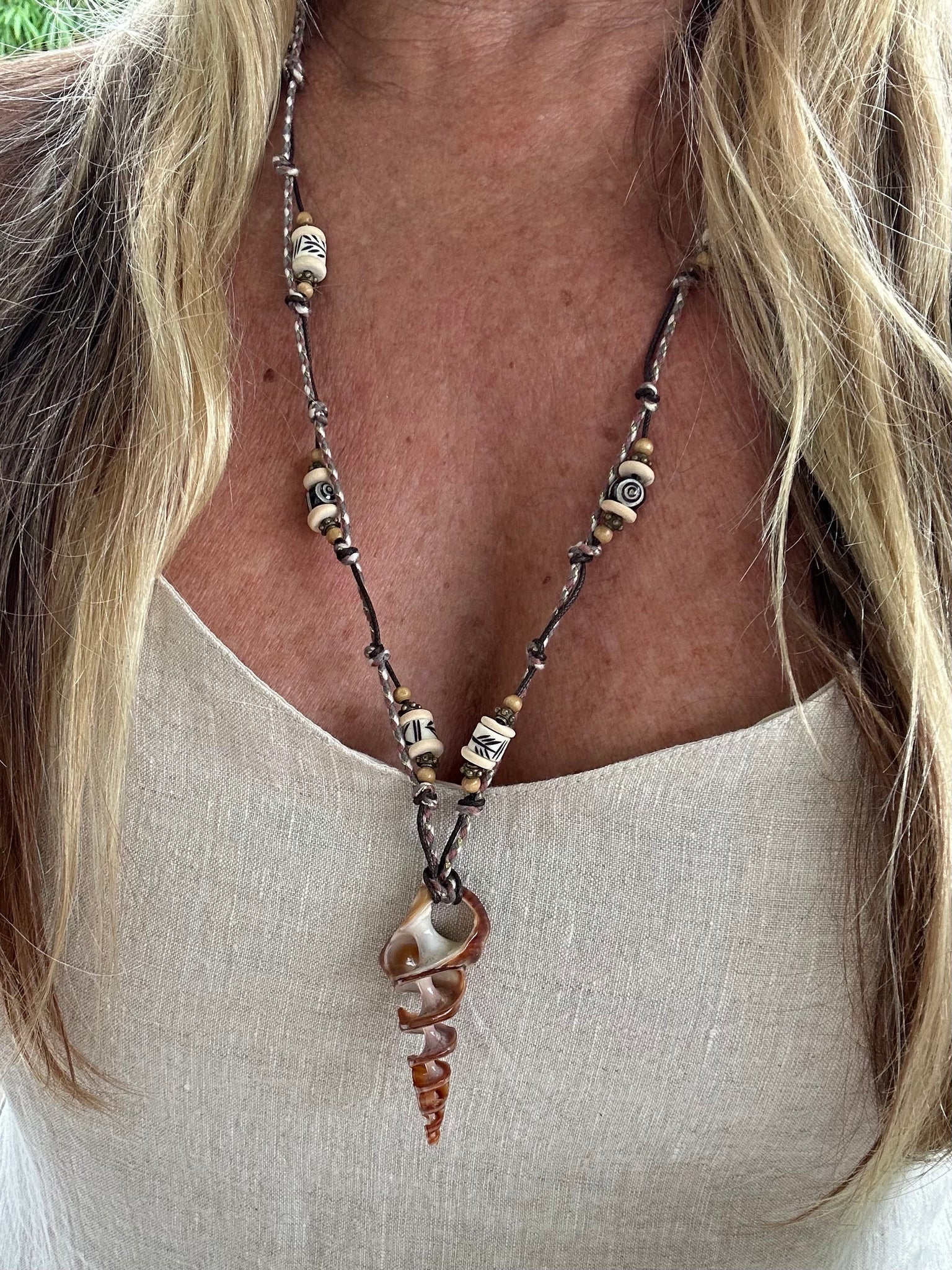 Knotted Beaded Stone Shell Necklace