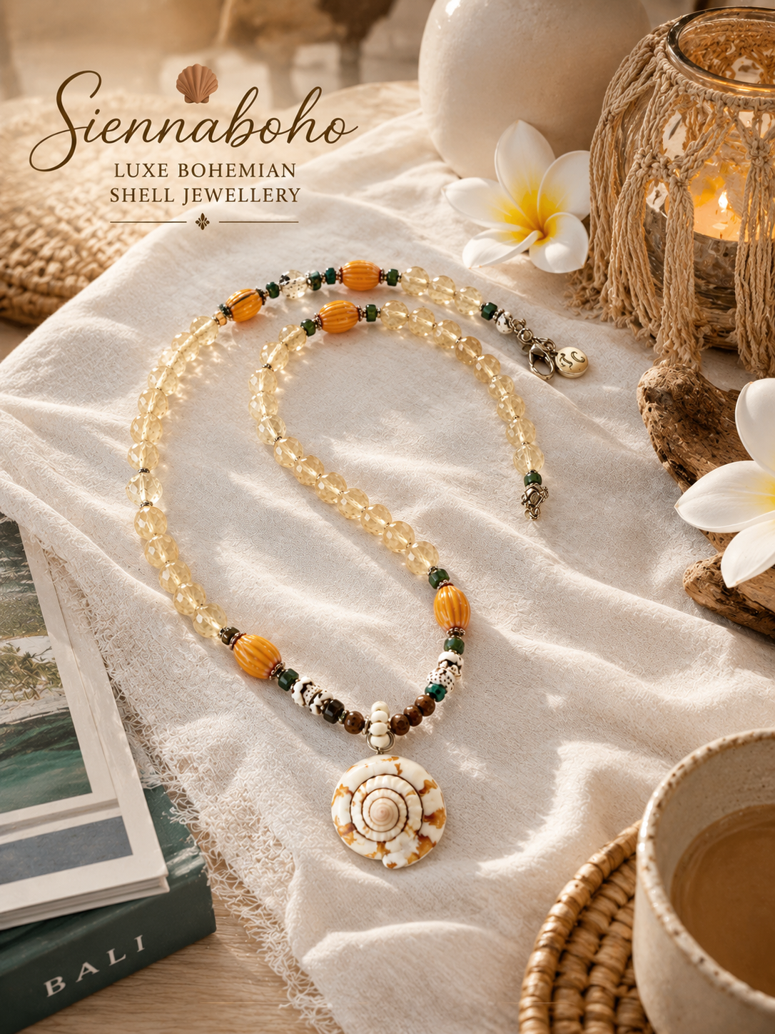 Boho Citrine Crystal Shell Necklace