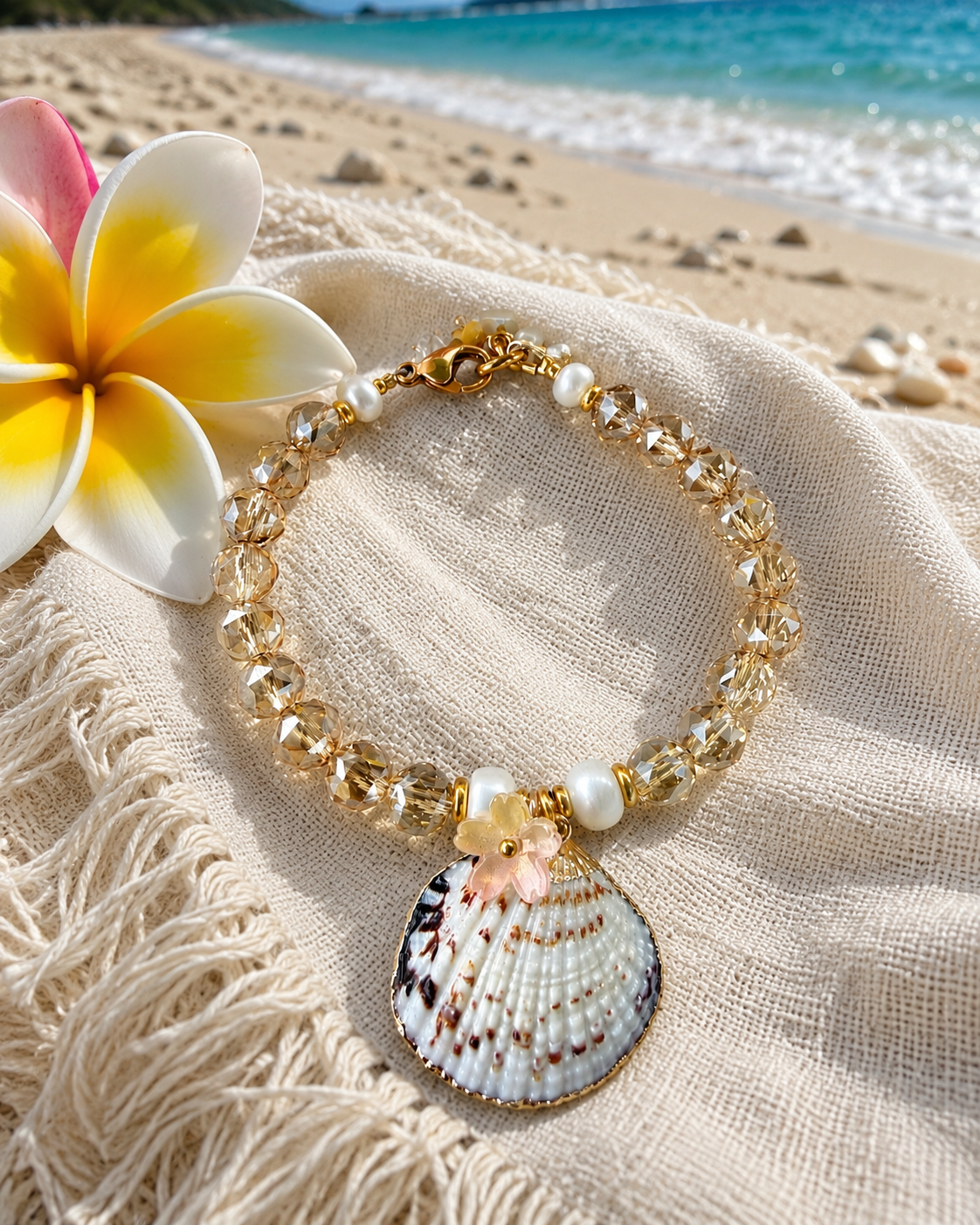 Luxe Crystal & Pearls - Shell Charm Bracelet