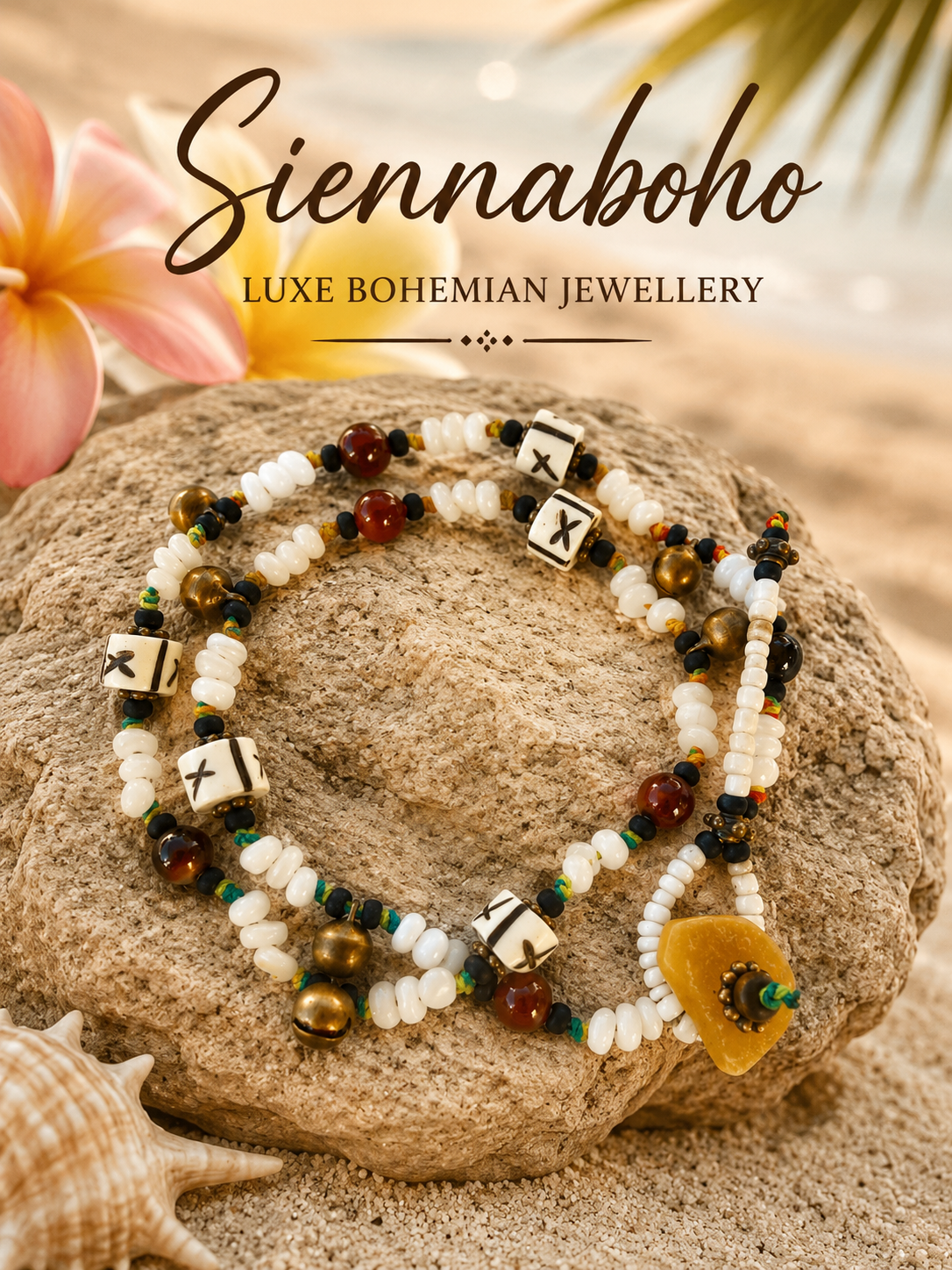 Boho Amber Sea Shell Wrap Boho Beach Bracelet