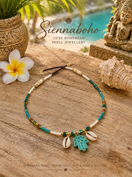 Hasma Hand Cowrie Shell Seed Bead Necklace