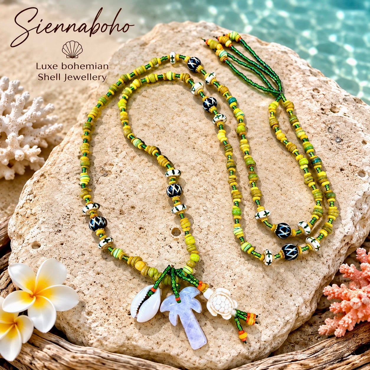 Sunshine Cowrie Shell & Turtle Island Necklace