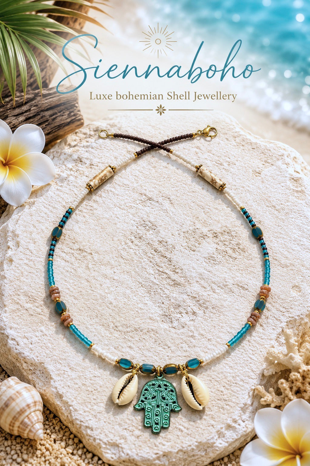 Hasma Hand Cowrie Shell Seed Bead Necklace