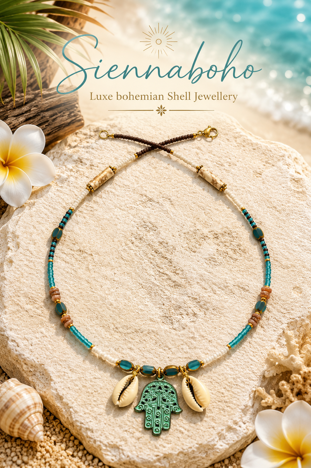 Hasma Hand Cowrie Shell Seed Bead Necklace