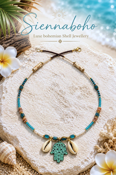 Hasma Hand Cowrie Shell Seed Bead Necklace