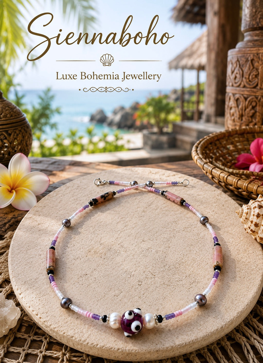 Purple  Evil Eye Seed Bead Necklace