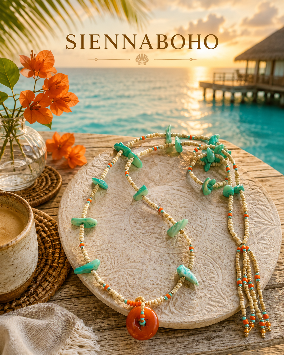 Blue Ocean Reef Seed Bead Pendant Necklace