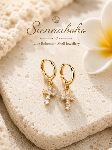 Gold Crystal Cross Earrings