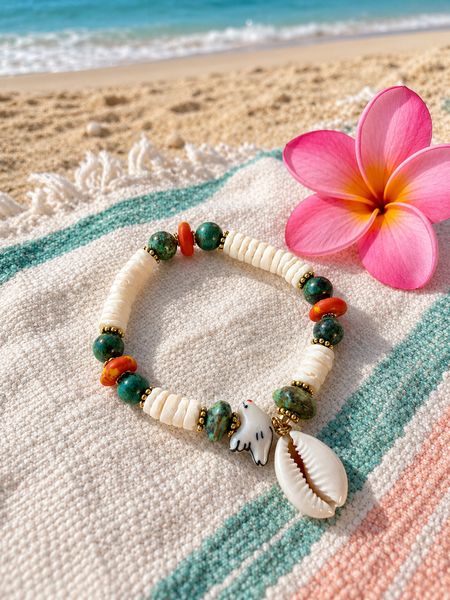 Sea Breeze Cowrie Shell & Bird Charm Bracelet