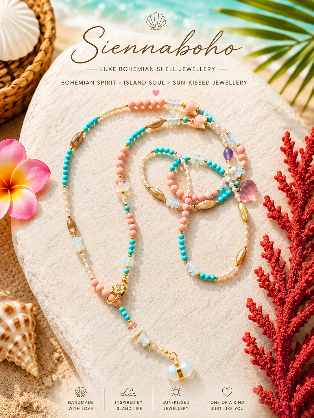 Coral Shell Turquoise Beaded Necklace