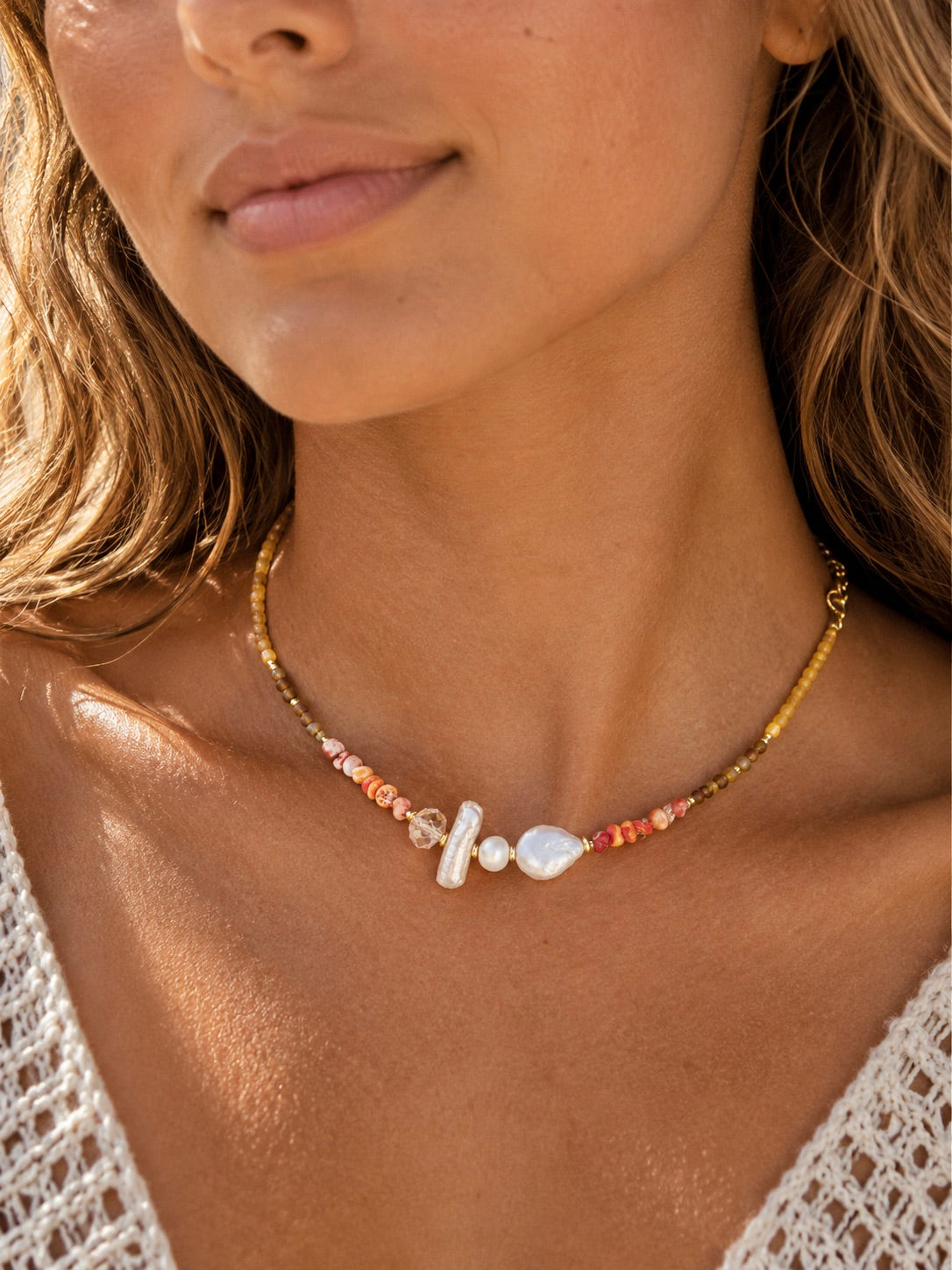 Orange Shell Pearl Boho Necklace