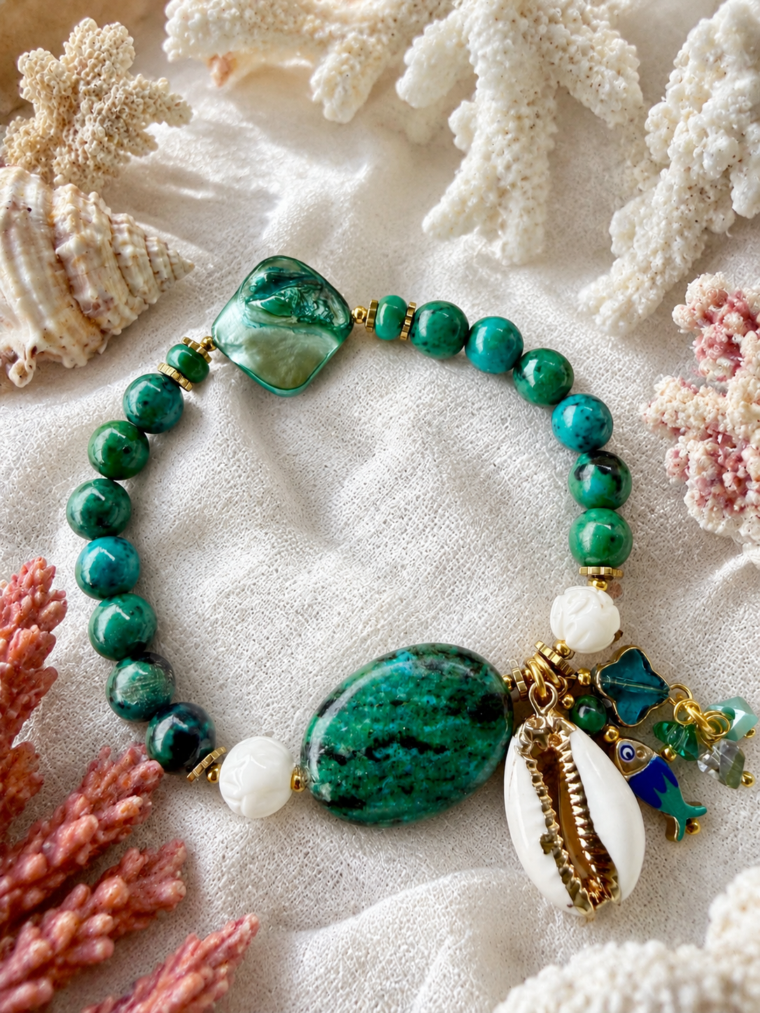 Emerald Ocean Cowrie Shell Bracelet