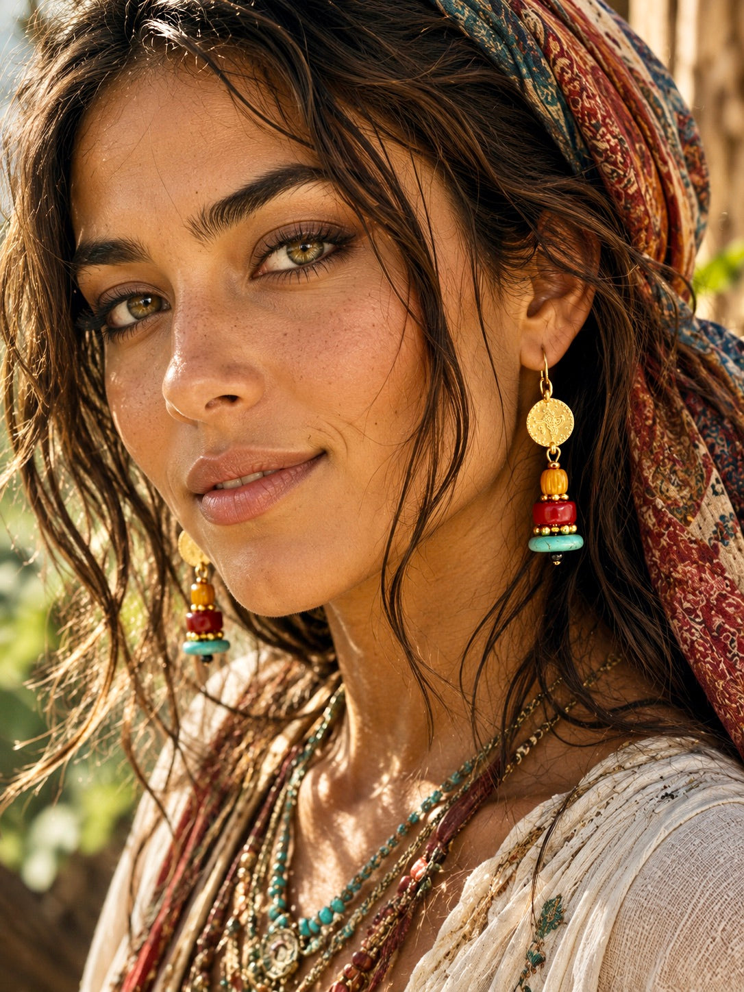 Gold Coin Red Coral Earrings