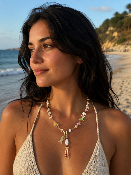 Coastal Coral & Shell Charm Necklace