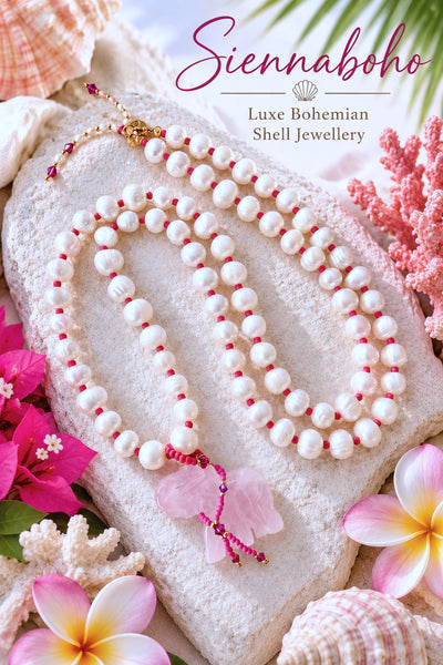 Bohemian Rose Quartz Elephant Necklace - Freshwater Pearls