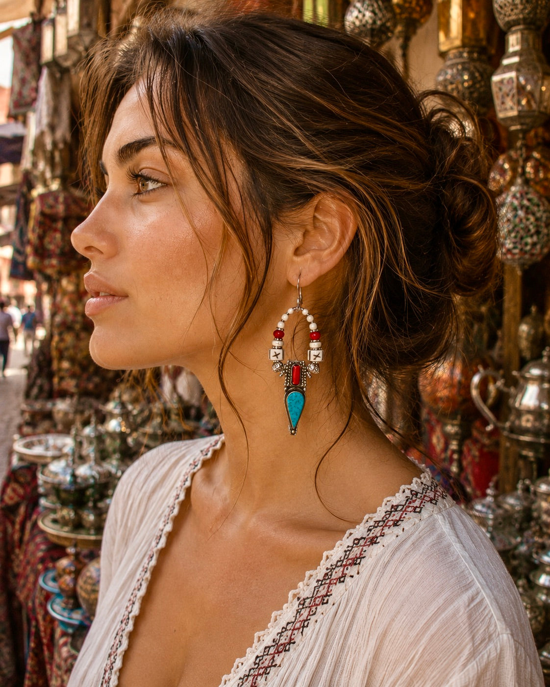 Indian Turquoise Stone Red Coral Earrings