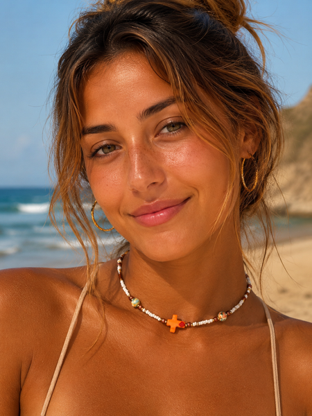 Sandy Beach Seed Bead Cross Necklace