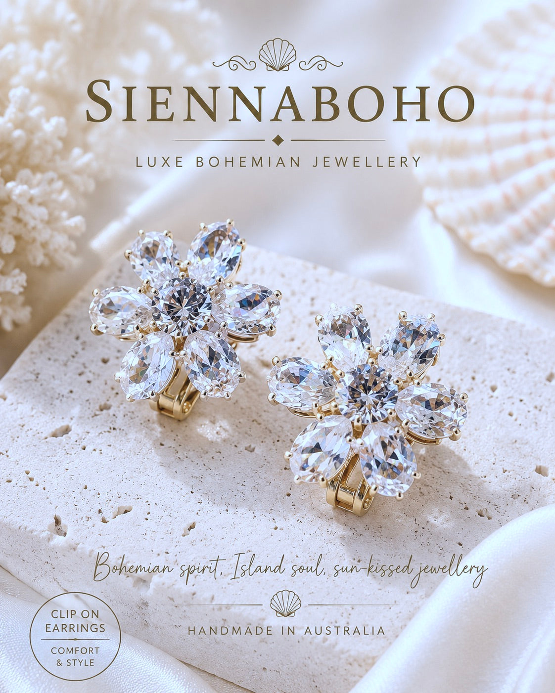 Crystal Flower Clip On Earrings