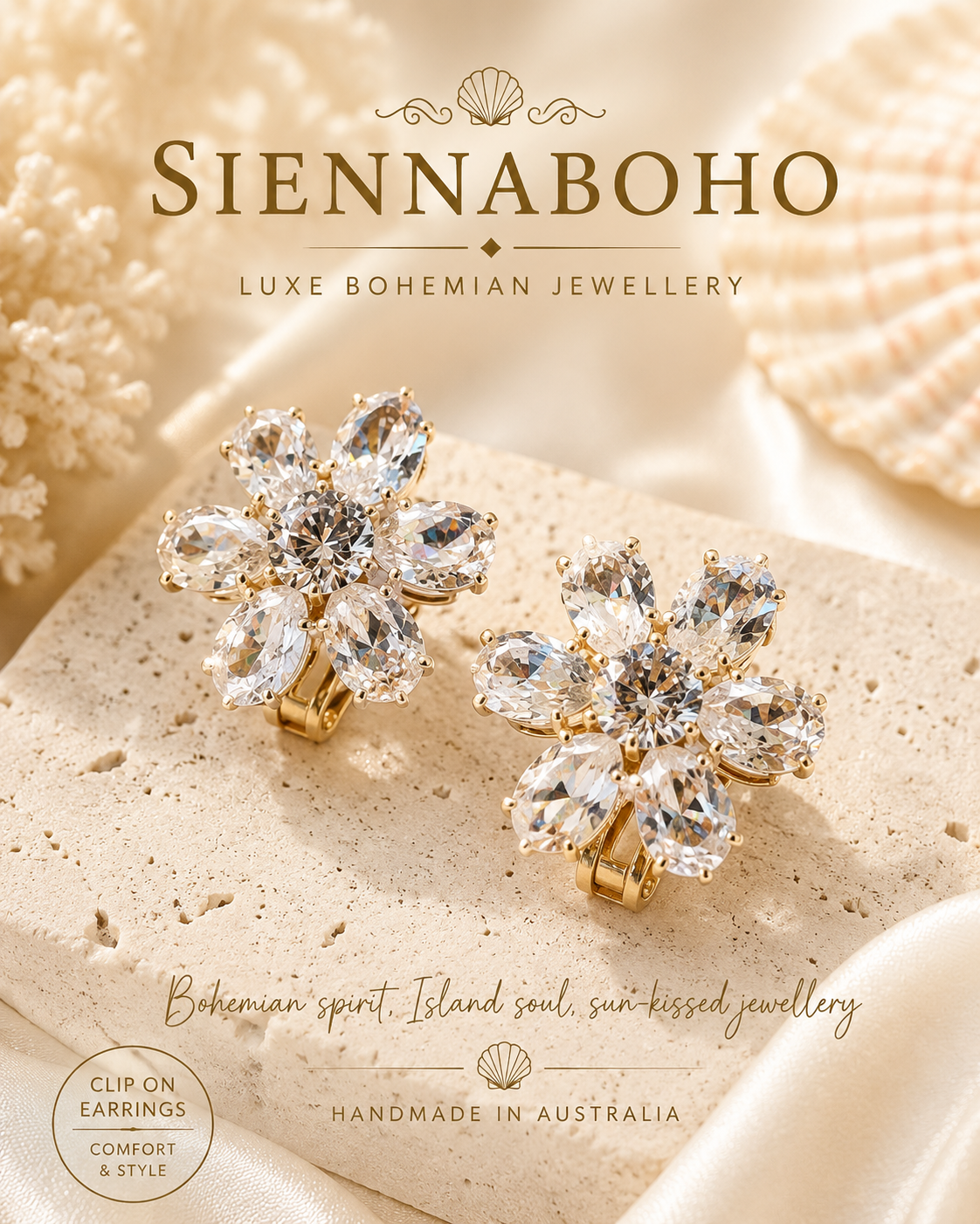 Crystal Flower Clip On Earrings