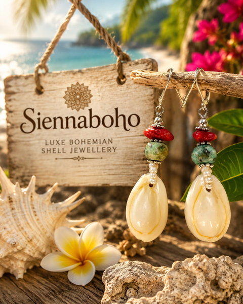 Red Coral Cowrie Shell Earrings