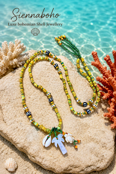Sunshine Cowrie Shell & Turtle Island Necklace