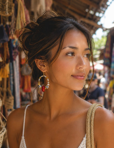 Red Coral Boho Shell Earrings