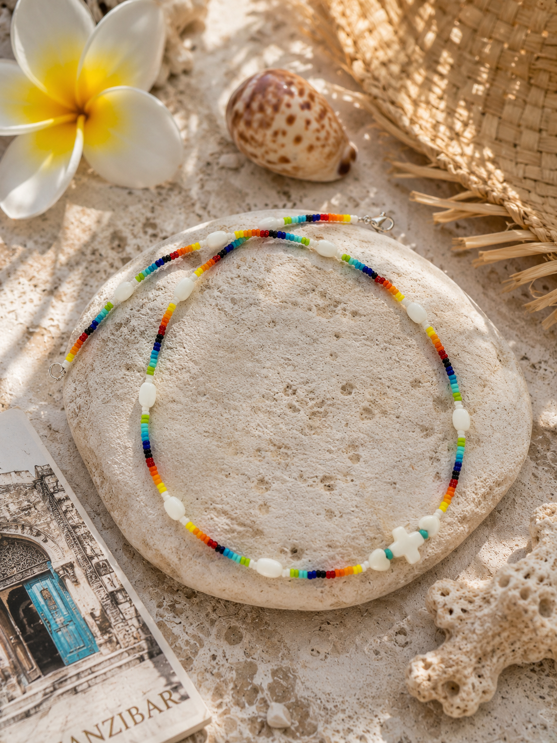 Seed Bead Shell Cross Necklace