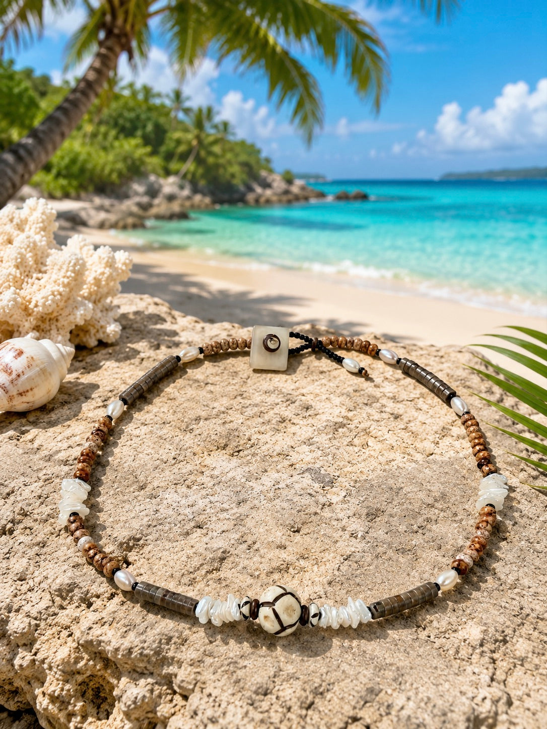 Tribal Shell & Pearl Coastal Beach Necklace