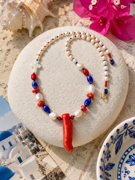 Mediterranean Coral & Pearl Cross  Necklace