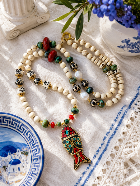 Greek Island Fish Pendant Boho Necklace