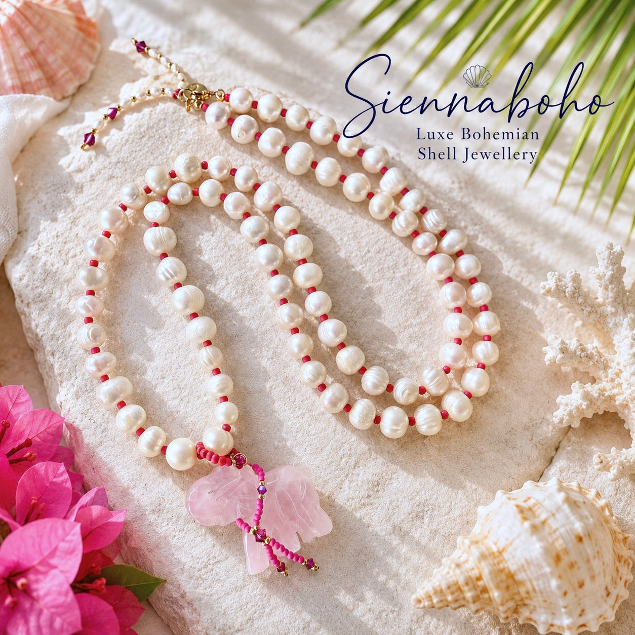 Bohemian Rose Quartz Elephant Necklace - Freshwater Pearls