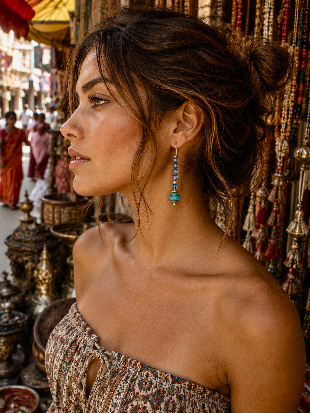 Turquoise Crystal Beaded Boho Silver Earrings