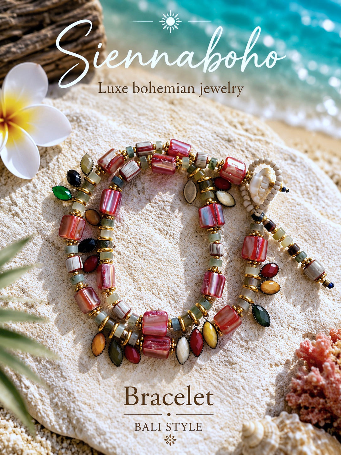 Shell Coastal Stone  Wrap Bracelet