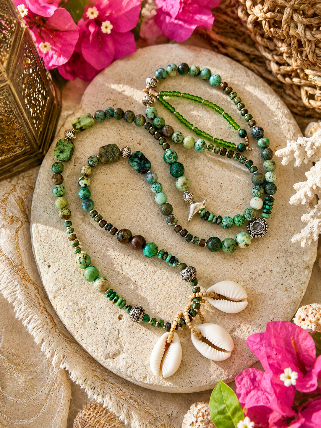 African Turquoise & Cowrie Shell Boho Statement  Necklace