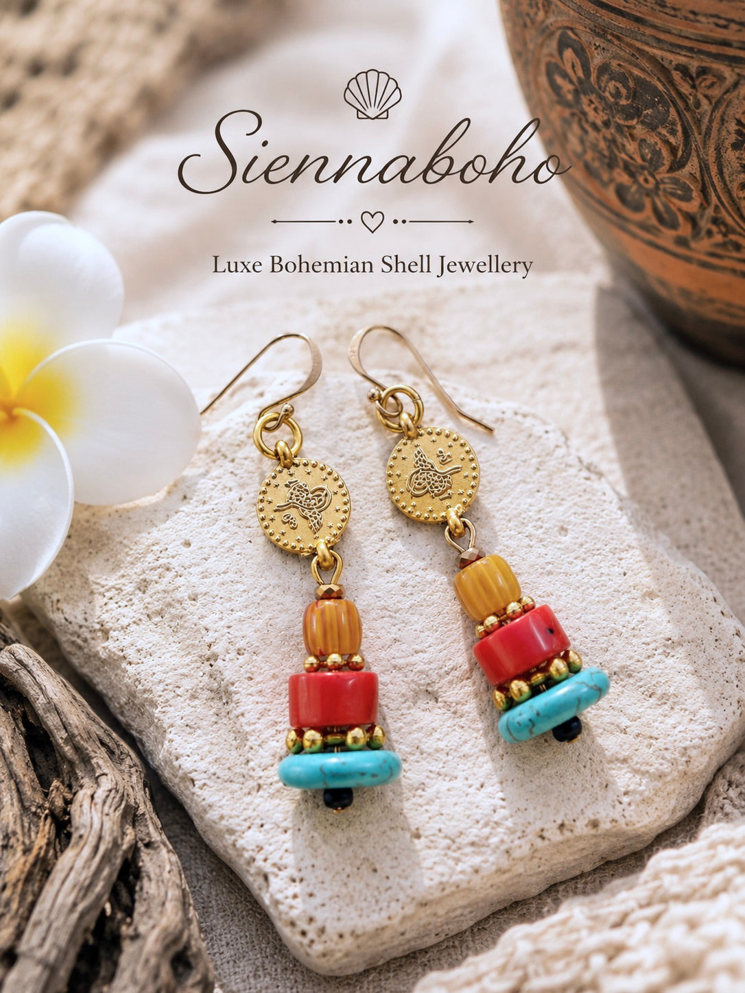 Gold Coin Red Coral Earrings