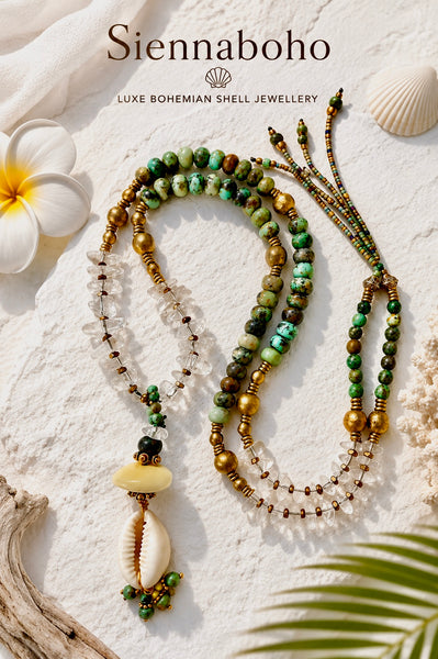 African Turquoise & Quartz Crystal Cowrie Shell Necklace