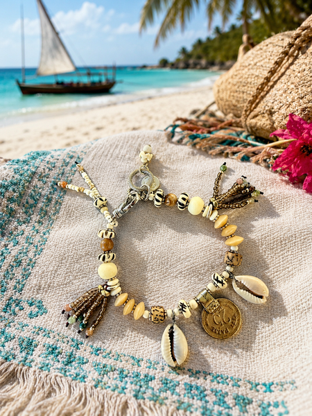 Tribal Island Cowrie Shell Charm Bracelet