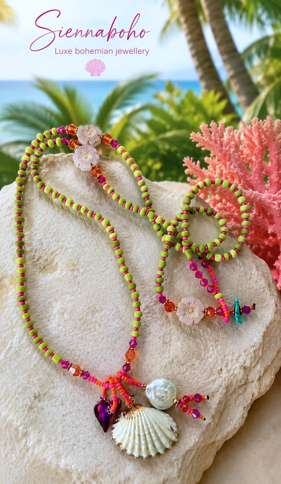 Coastal Lime & Pink Bohemian Shell Necklace