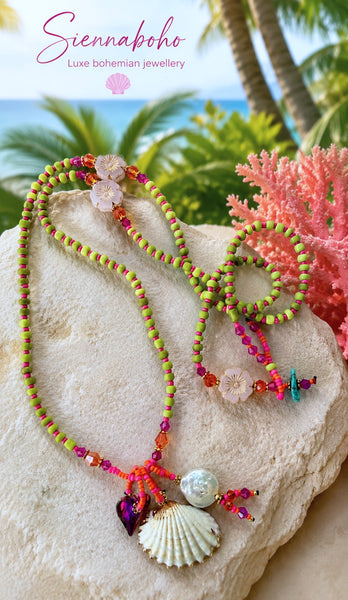 Coastal Lime & Pink Bohemian Shell Necklace