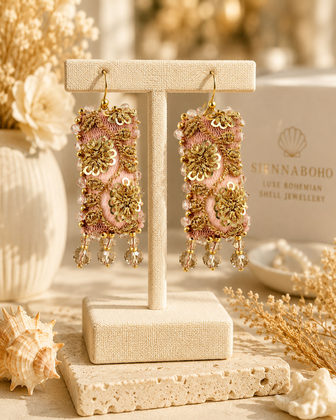 Blush Pink & Gold Floral Crystal Statement Earrings