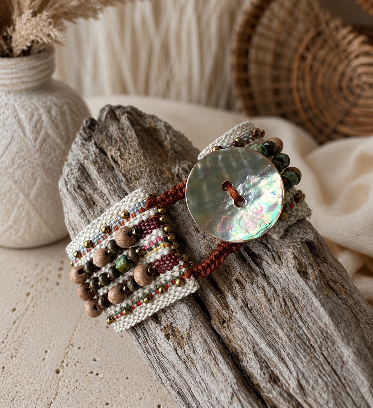 Coastal Cross Beaded Cuff Bracelet