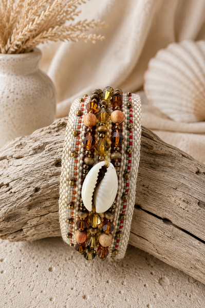 Embroidered Cowrie Shell Crystal Cuff Bracelet