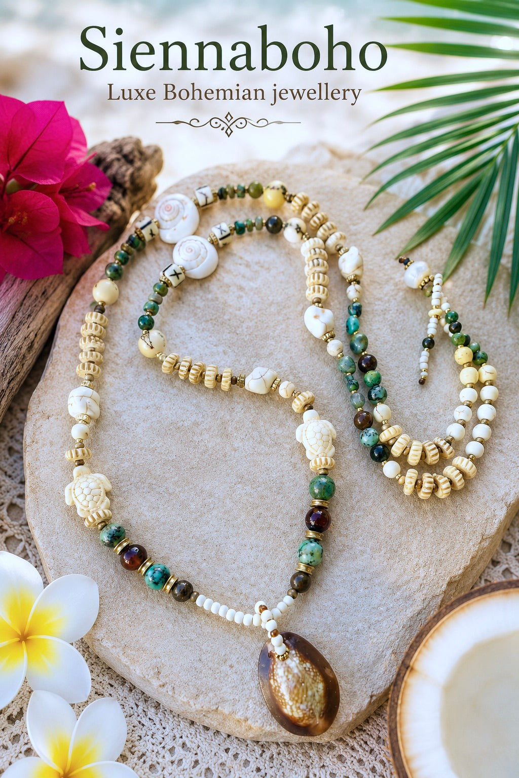 African Cowrie Beaded Turquoise Stone Necklace