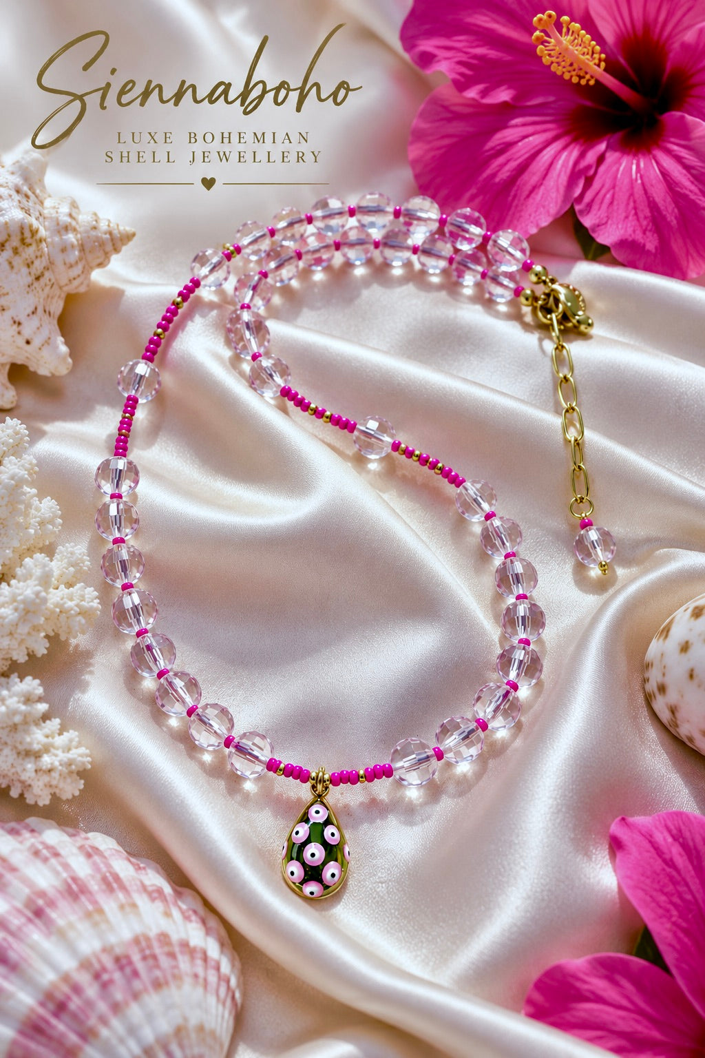 Pink Crystal Evil Eye Necklace